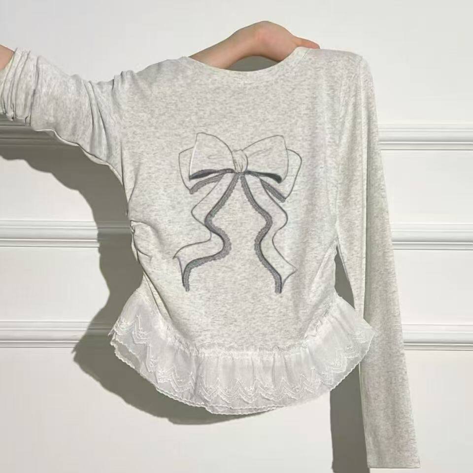 女童新款圆领长袖T恤春秋洋气时髦中大童女孩蝴蝶结蕾丝拼接上衣