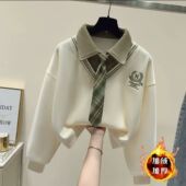 女童秋冬新款 学院风领带宽松polo领卫衣设计感撞色假两件薄款 上衣