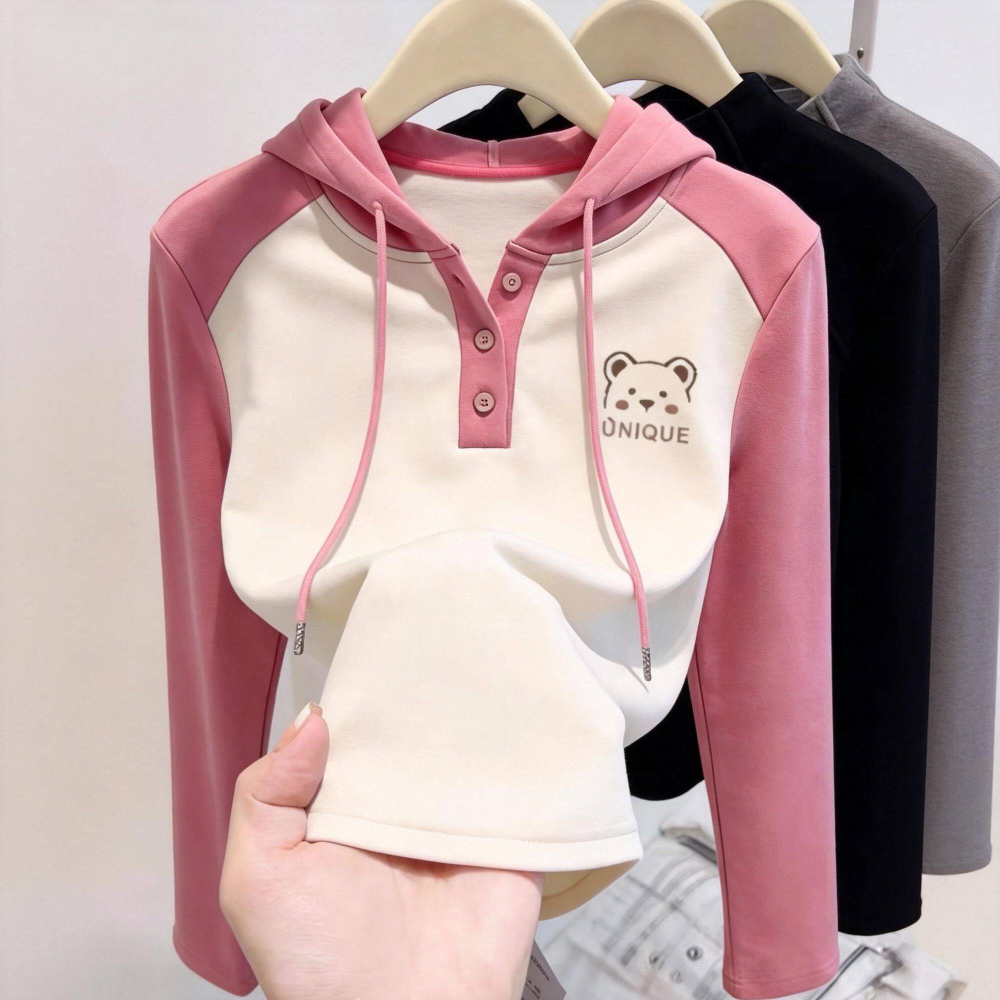 女童春季新款撞色连帽卫衣图片