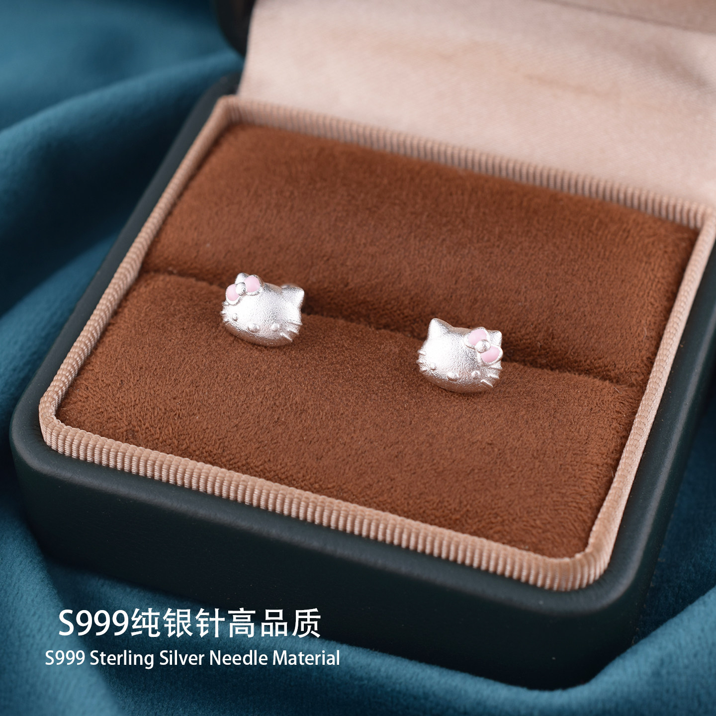 S999纯银HelloKitty猫耳钉女童卡通趣味耳环养耳洗睡免摘儿童饰品