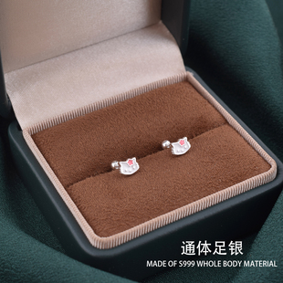 S999足银KT猫咪螺丝耳钉女童可爱甜美养耳耳环纯银耳骨儿童耳饰品