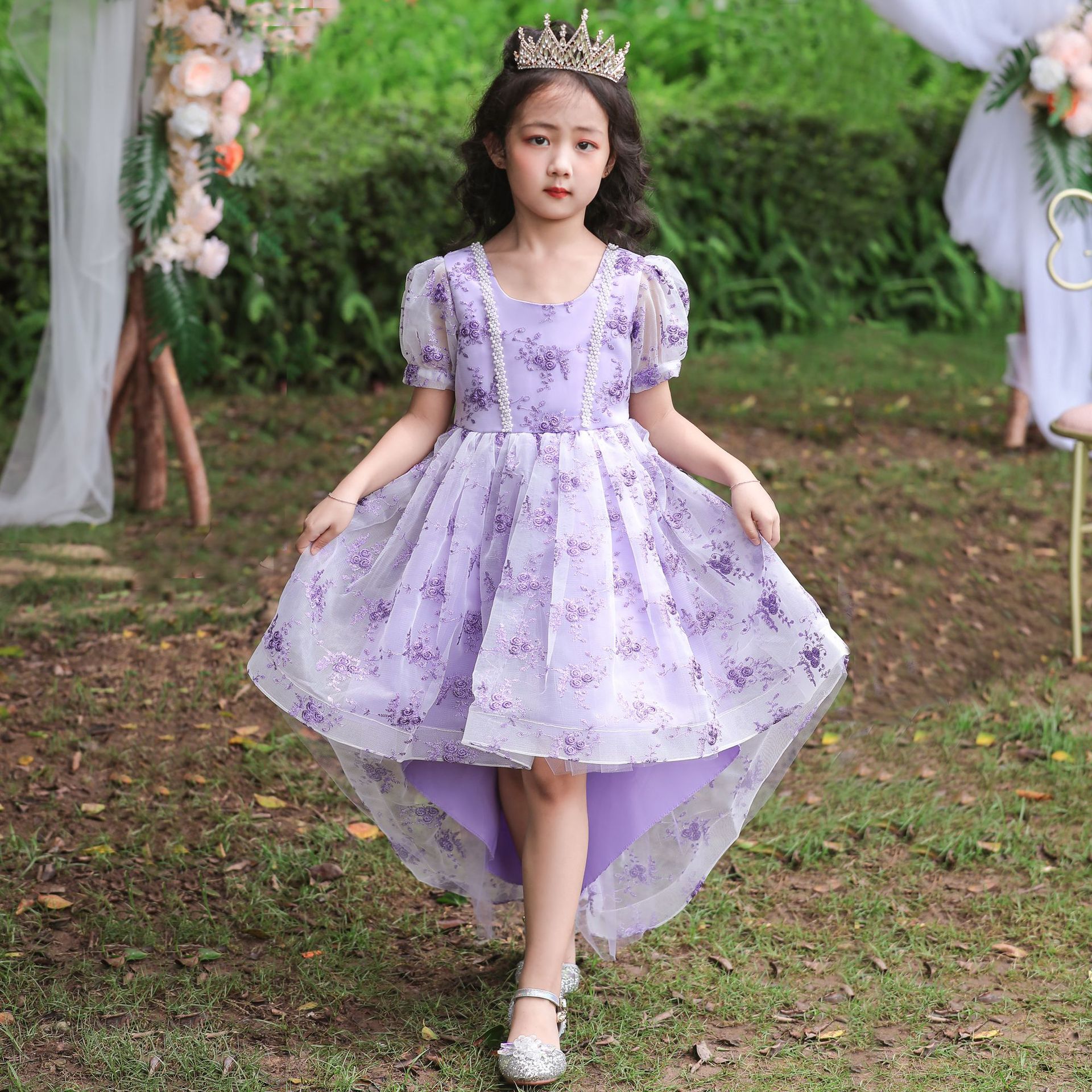 公主裙拖尾裙儿童礼服连衣裙花童绣花网纱裙女孩的节日礼服