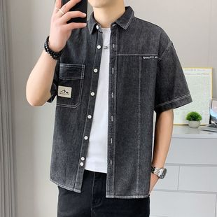 宽松短袖 韩版 青年男牛仔休闲复古衬衫 大码 衬衣男上衣五分 新夏季