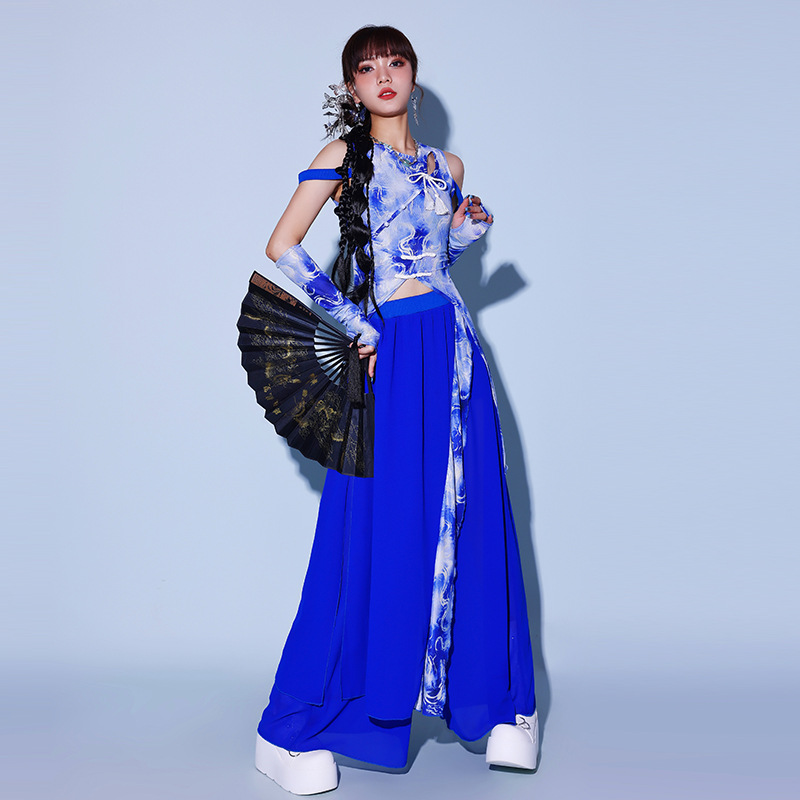 打鼓演出服女套装蓝色中国风舞蹈服新款kpop女团打歌服爵士舞