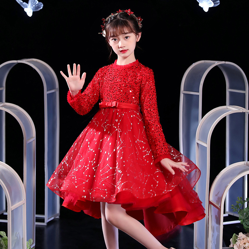儿童合唱钢琴演奏表演服秋款女童高端礼服2024新款秋冬红色公主