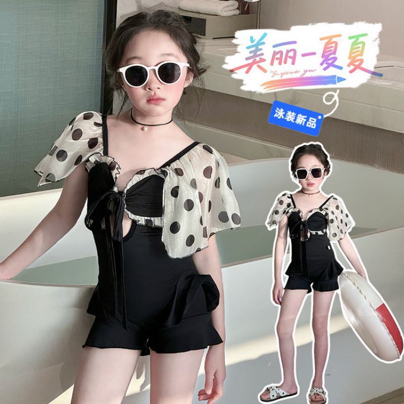 儿童飞袖超好看泳衣2025夏季新款女童连体游泳衣初中生带胸垫