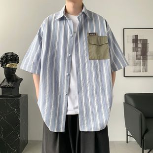 潮胖人宽松休闲痞帅半袖 英伦风条纹短袖 加肥加大码 衬衫 男夏季