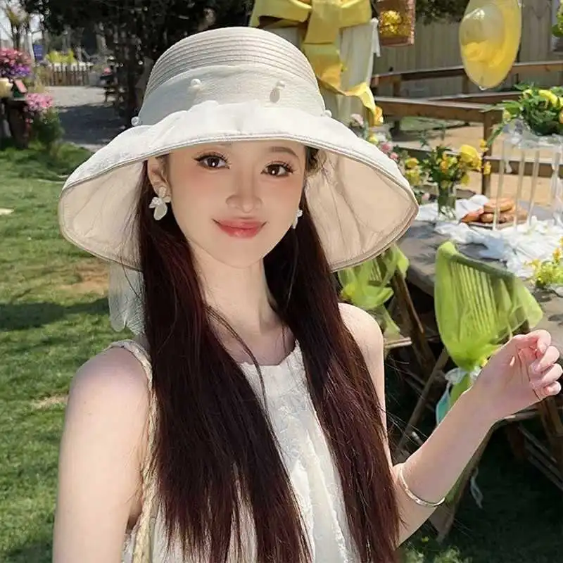 台州温岭帽子女款遮阳大檐渔夫帽网纱蝴蝶结夏天防晒透气太阳帽新