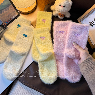 蝴蝶结毛茸茸厚袜子女秋冬加绒