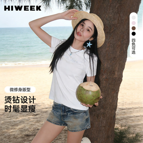 Hiweek时髦烫钻显瘦短袖T恤