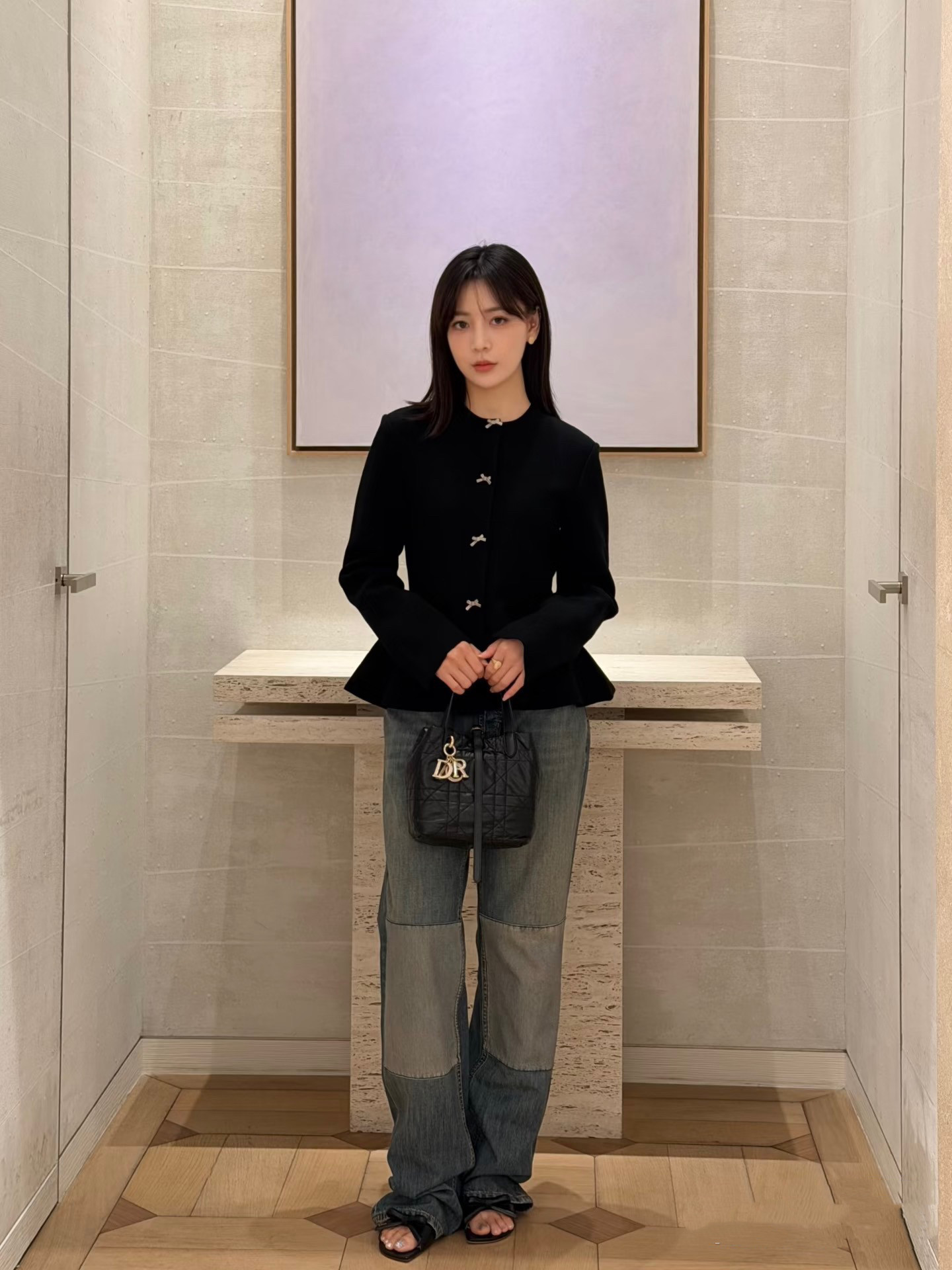 梵音家精致蝴蝶结扣针织开衫女春秋圆领长袖荷叶边下摆收腰显瘦