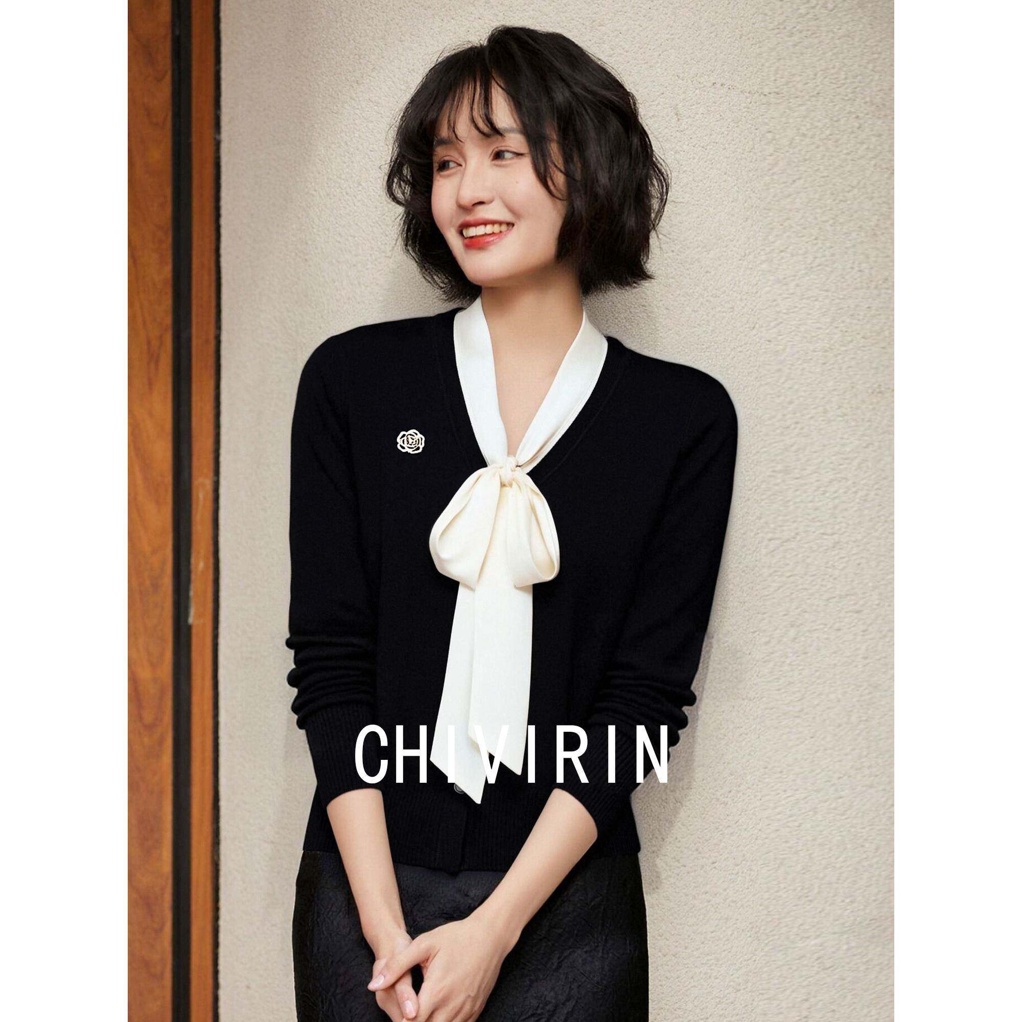 千韵/2025秋冬新款窄V领蝴蝶结系带针织衫女 宽松显气质毛衣外套