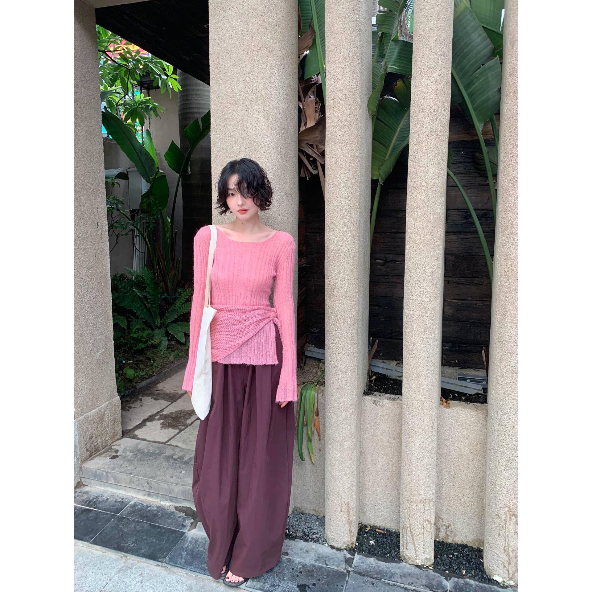 酒午自制【蔷薇软络】港风覆古秋季新款坑条围裹式收腰针织上衣女