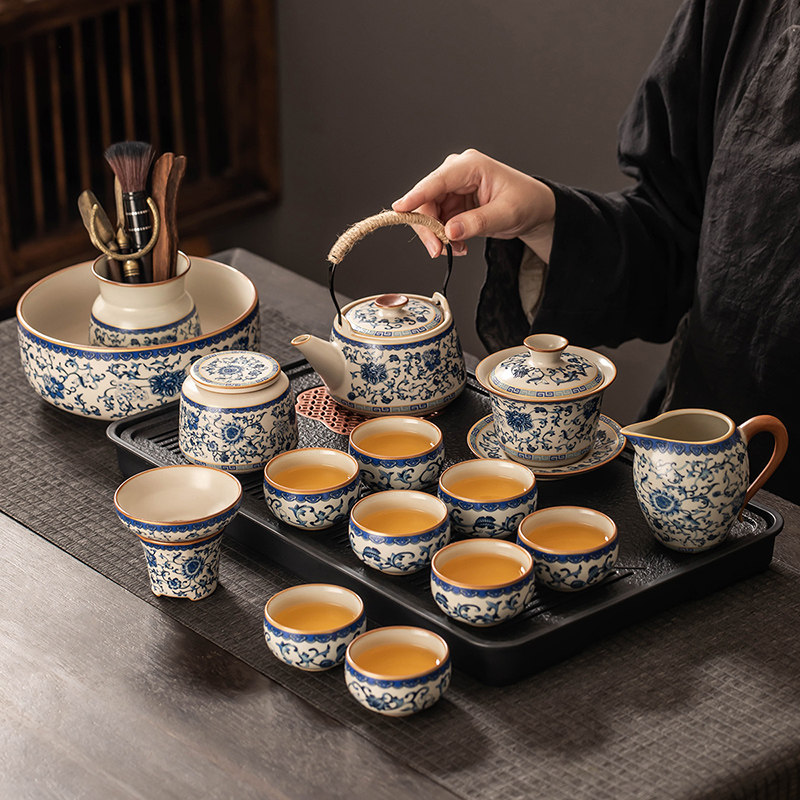 整套青花汝窑茶具套装中式家用陶瓷功夫茶壶茶杯茶盘办公会客喝茶