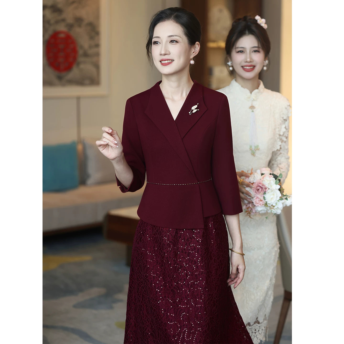高级婚礼婚宴喜妈妈晚礼服高端大气2026新款喜婆婆装假两件连衣裙