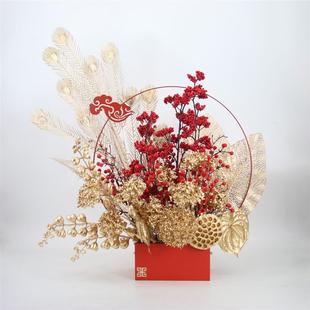 新年摆件礼篮底座红色金色铁艺花架手提花篮礼物中式 家居插花好物
