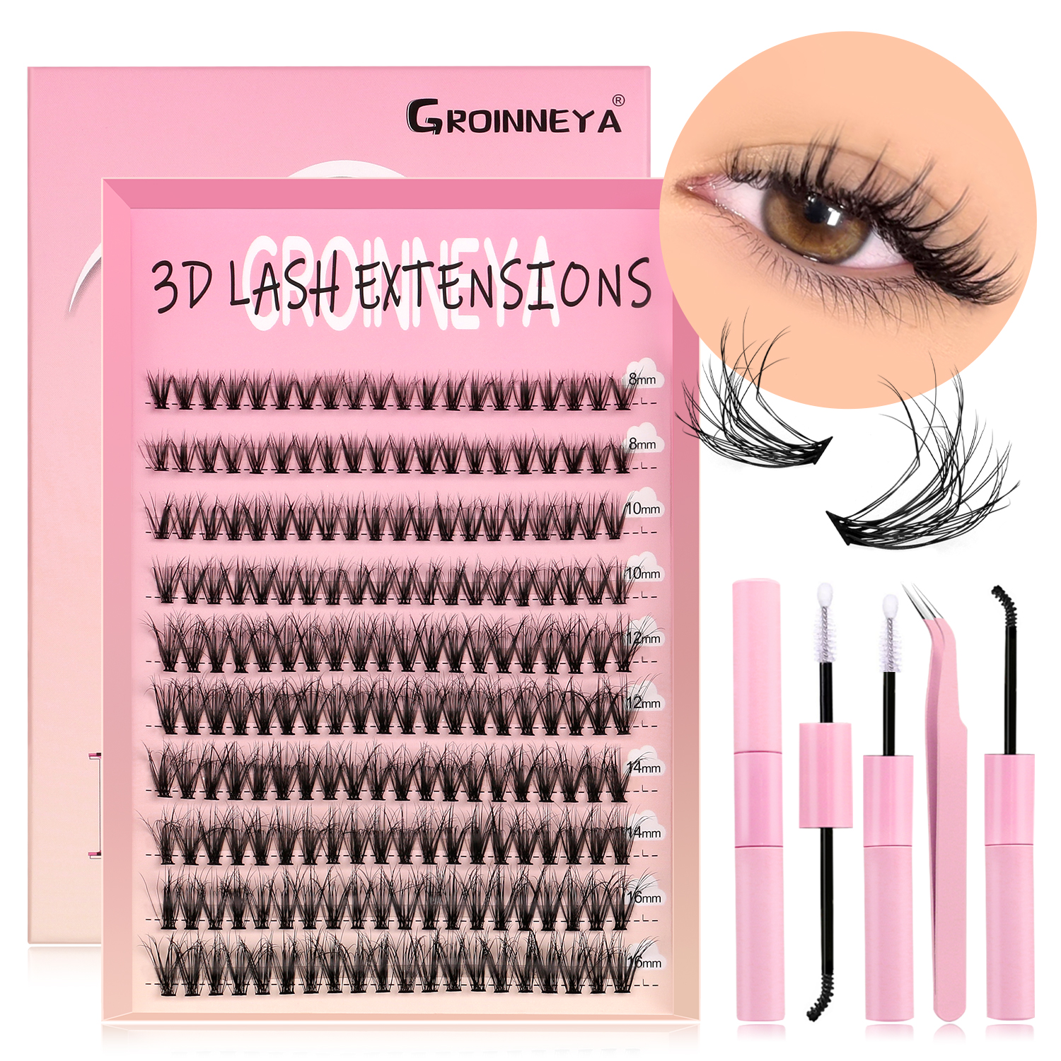 GROINNEYA 欧美自然浓密D翘假睫毛单簇分段式自然仿真套装