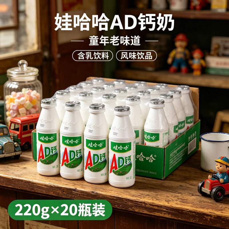 娃哈哈AD钙奶220g*20瓶整箱哇哈哈大瓶钙奶怀旧含乳饮料童年味道