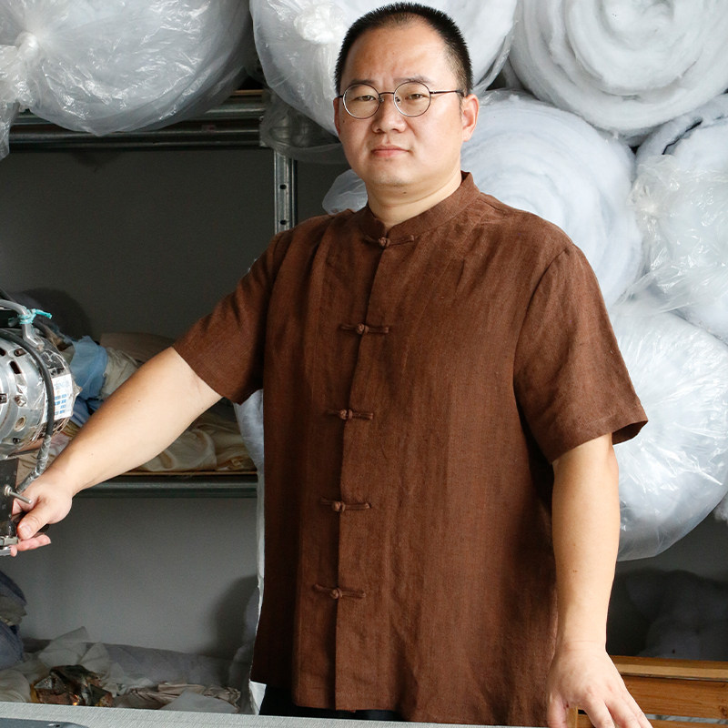 自留▲山北记夏季男款新中式棕色亚麻唐装 短袖立领盘扣衬衫