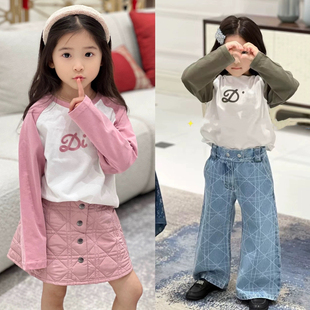 春季童装字母D家毛巾绣字母拼色袖儿童长袖T恤男女童打底休闲T恤