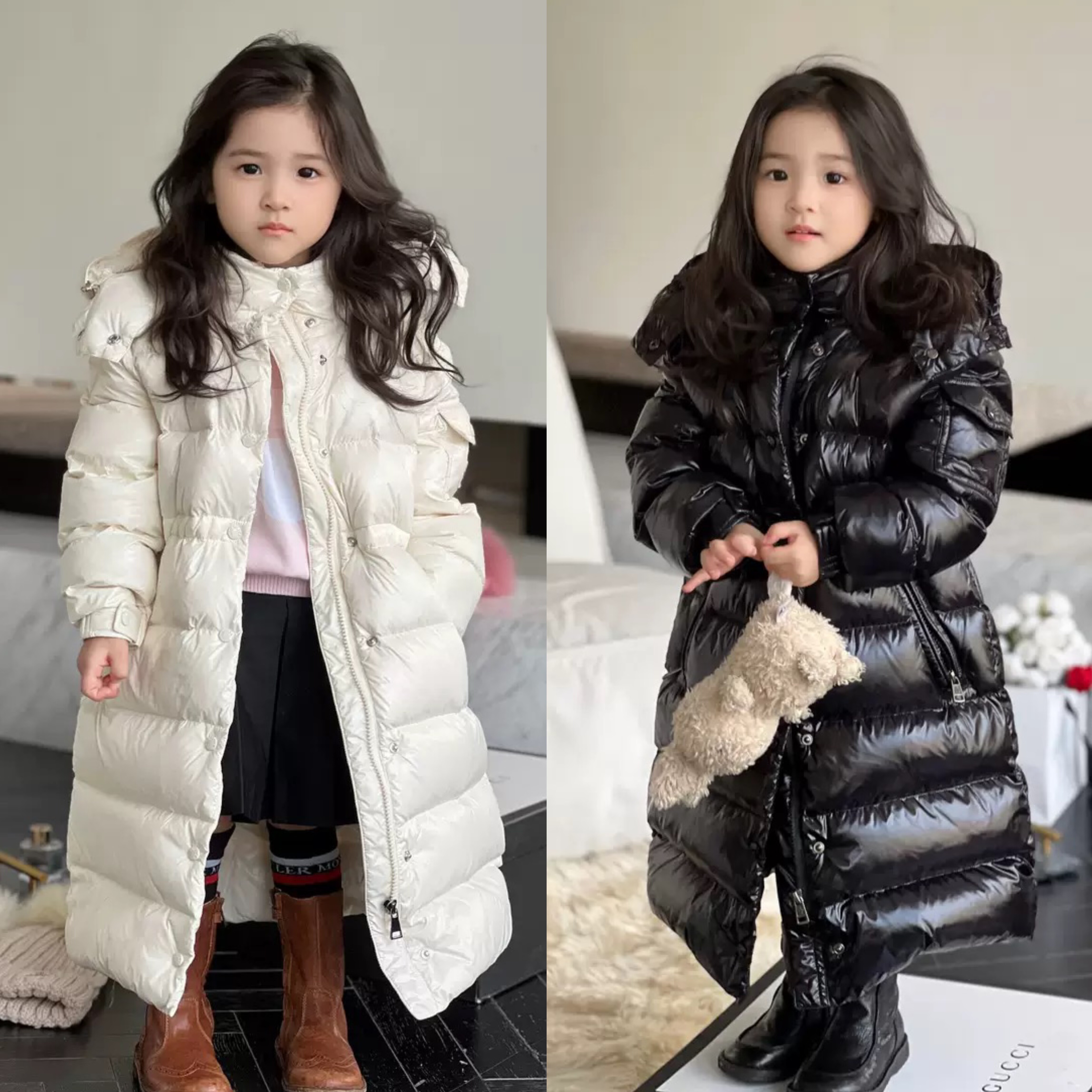 mc新款童装徽章90白鹅绒儿童过膝超长款连帽女童加厚羽绒服外套