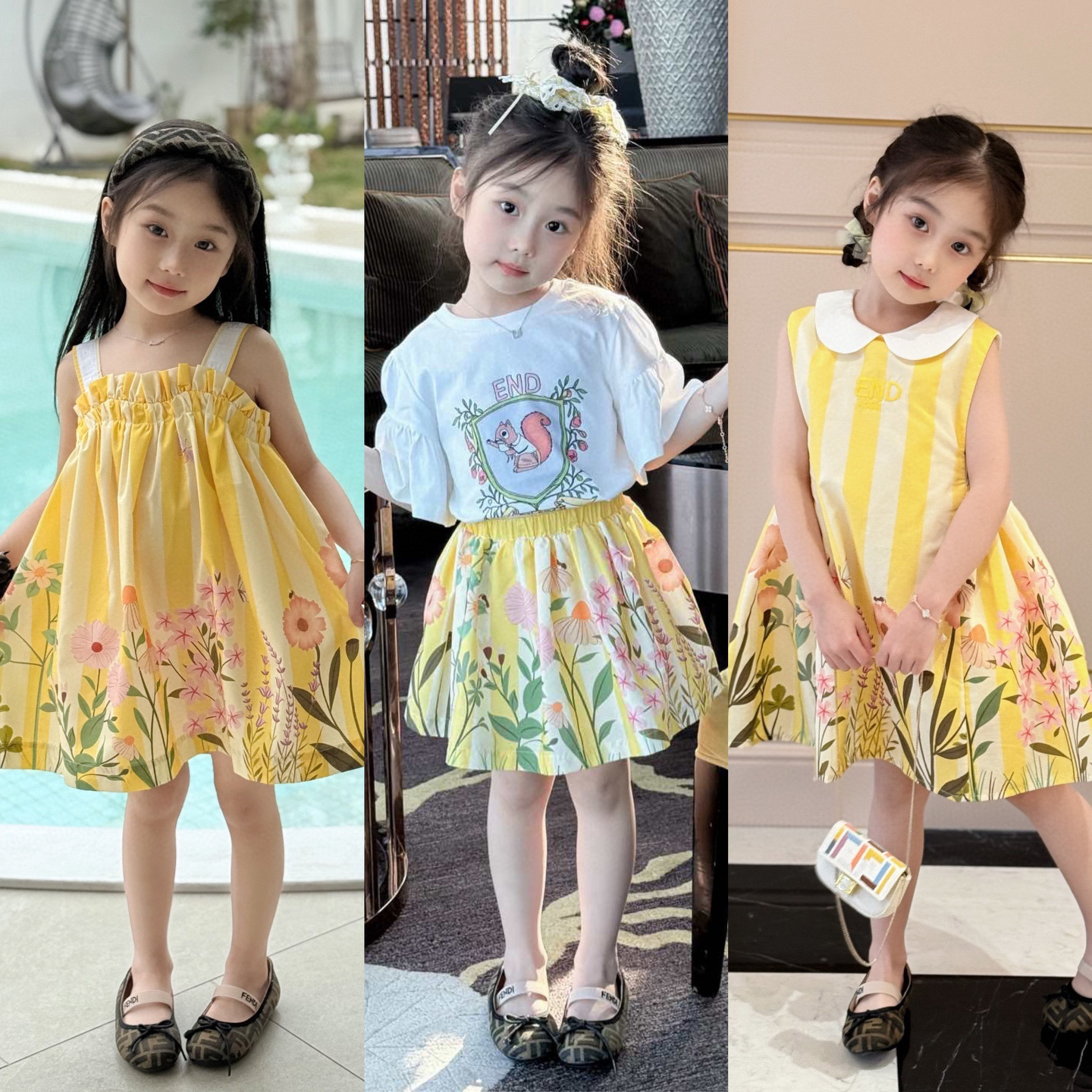 清仓特价春夏新款童装Fjia黄色花卉印花女童连衣裙吊带裙度假风