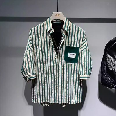 2026夏季新款宽松尖领青年衬衣男时尚潮牌男士条纹高级感短袖衫衣