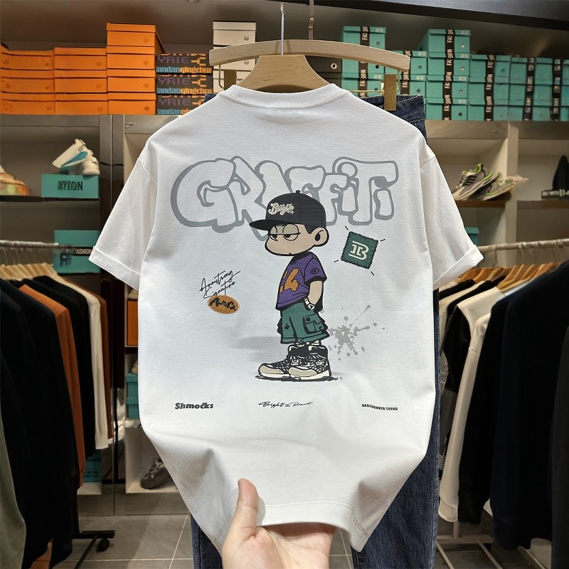t恤男新款2026夏季潮流短袖打底衫美式高街刺绣衣服渐变宽松上衣