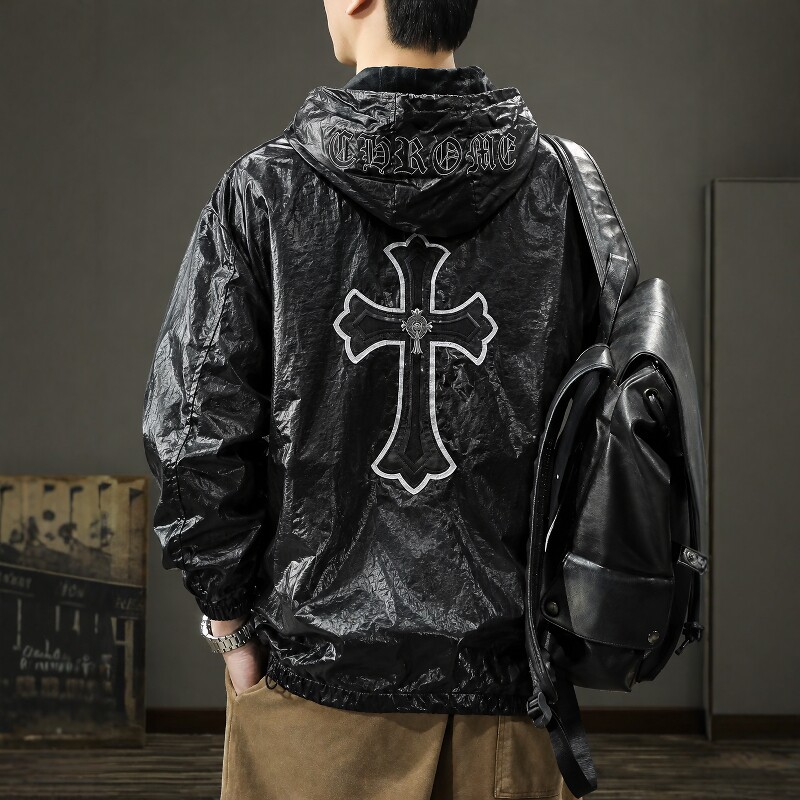 欧洲站连帽2026新款皮衣夹克男士潮流休闲机车服百搭刺绣外套上衣