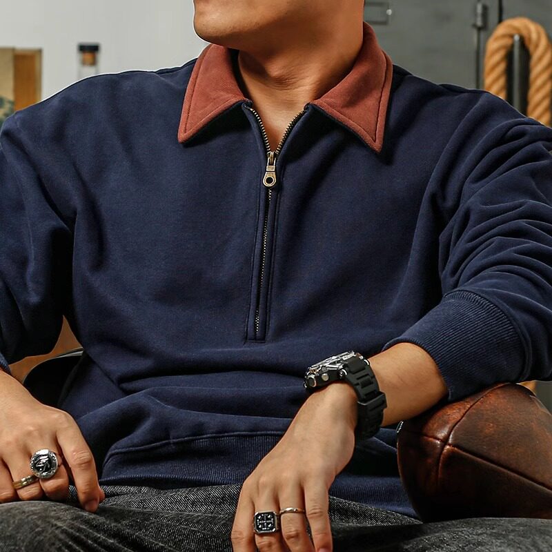 卫衣男士个性撞色半开翻领加绒加厚秋冬宽松百搭复古潮流外套上衣