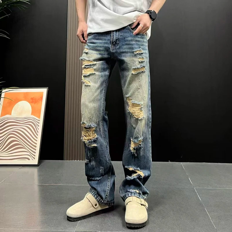 春夏设计款复古大破洞窄版直筒水洗做旧男士显高显瘦百搭牛仔长裤