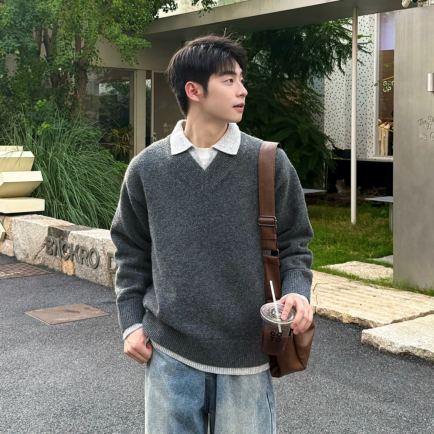 假两件毛衣男士撞色衬衫V领叠穿打底针织衫秋冬季韩版休闲男装潮