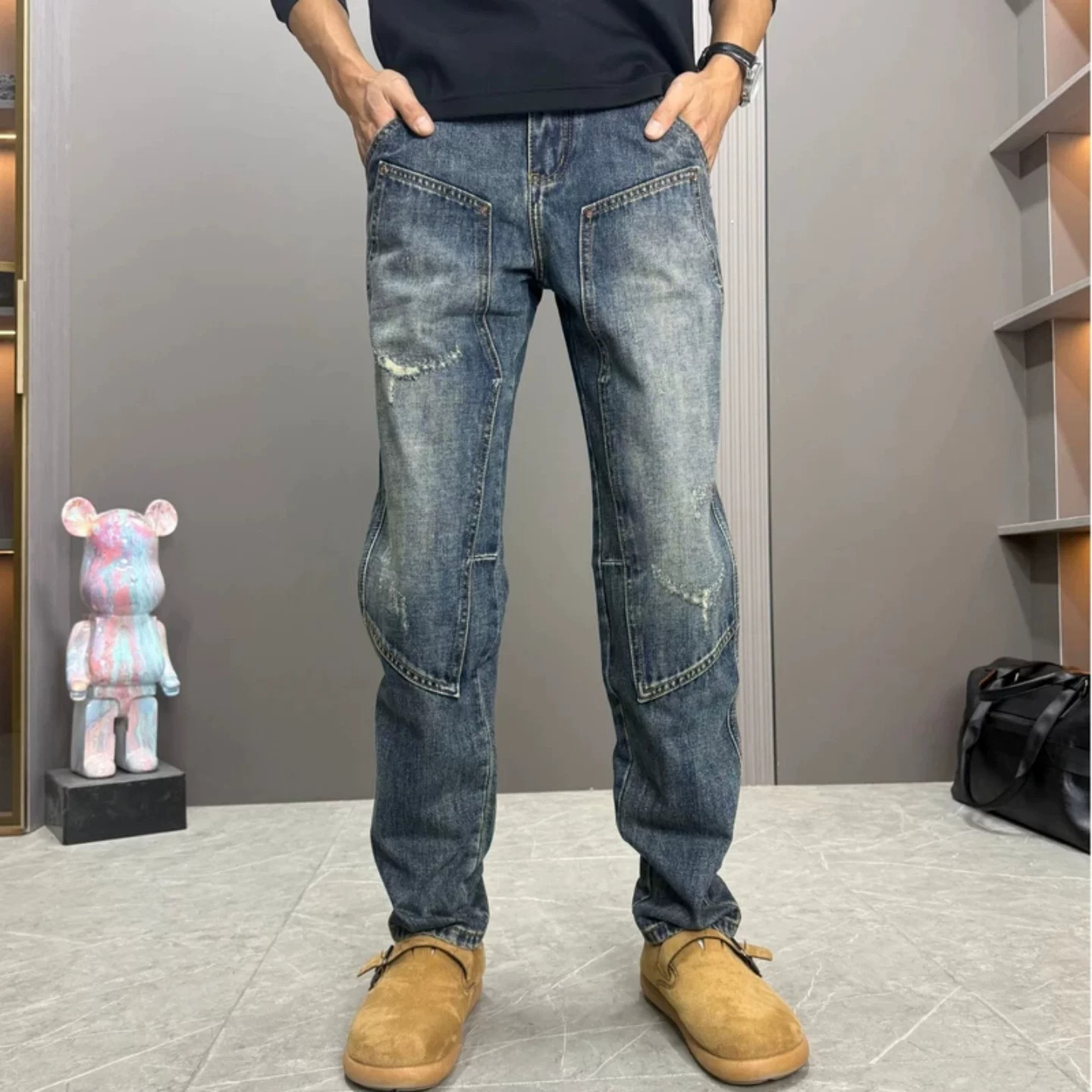 美式拼接设计感牛仔裤男春季复古做旧锥形直筒裤宽松百搭休闲长裤