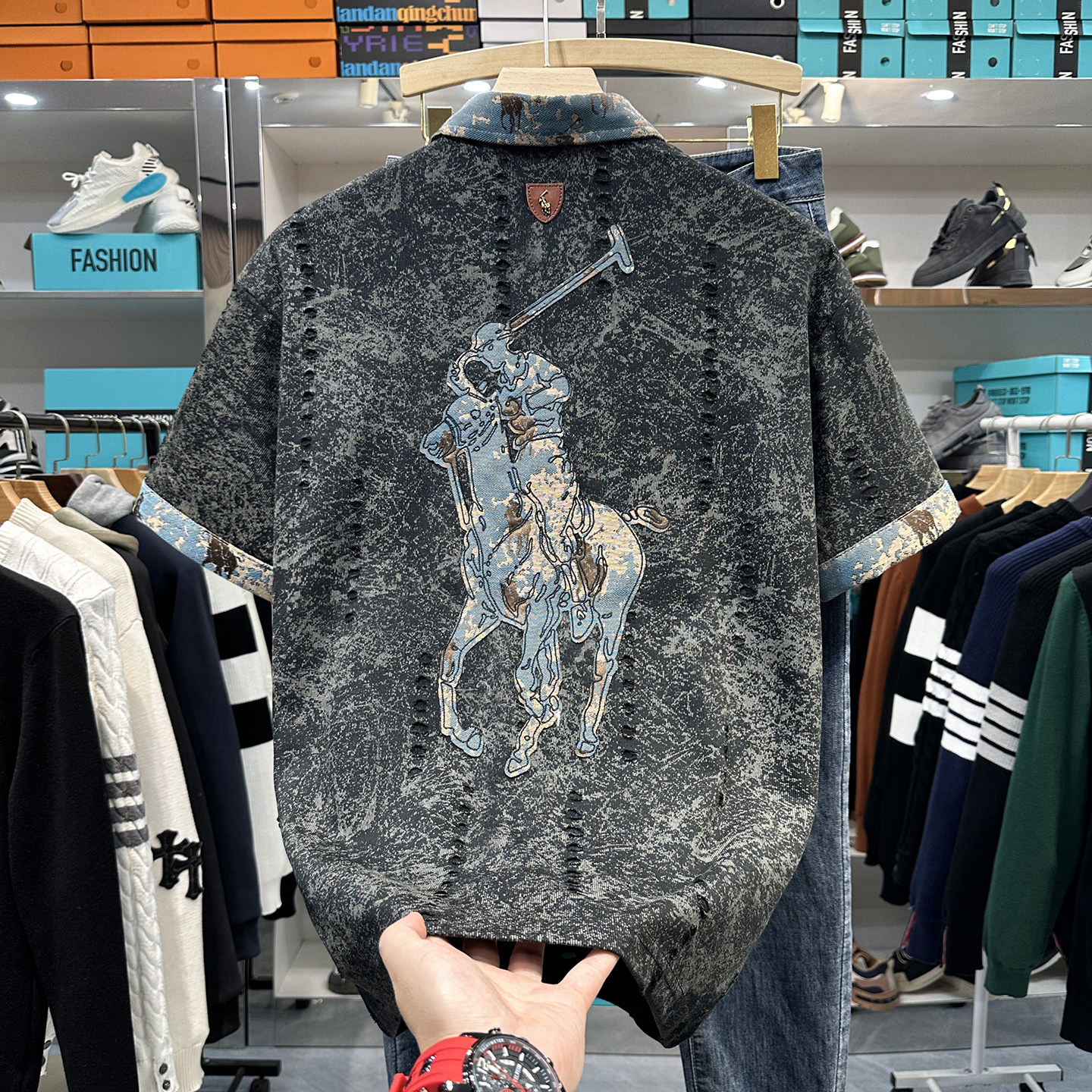高端刺绣破洞polo衫男款夏季2026新款翻领半袖短袖t恤男士上衣服