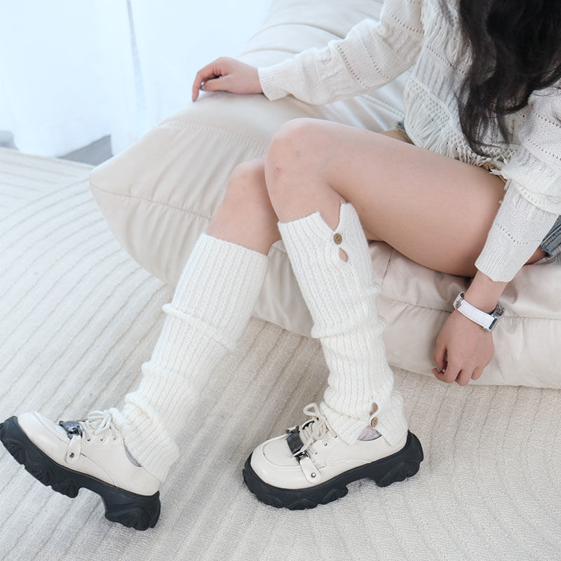 复古秋冬保暖针织堆堆袜套美式日系纽扣开口jk撞色辣妹毛线中筒