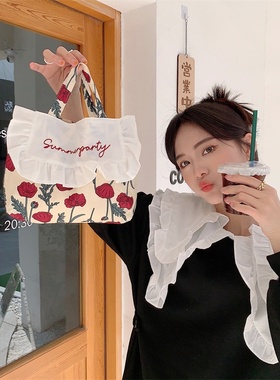 3391 新款甜美荷叶边便当帆布包清新刺绣手提包学生手拎包春游