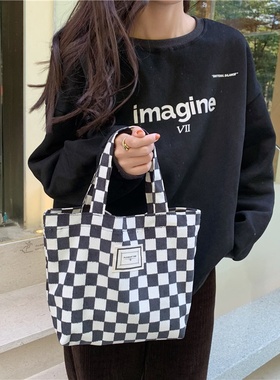 11261灯芯绒棋盘格手提便当包ins文艺复古妈咪包外出小拎包饭盒袋