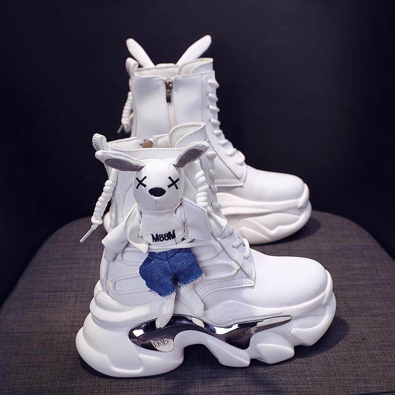 韩国潮牌马丁靴女白色高筒真皮松糕2024秋季新款厚底小个子短靴潮