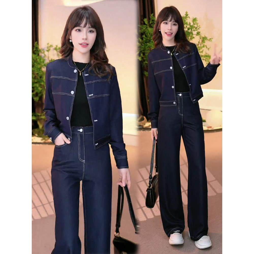 时尚牛仔套装女2025秋季新款洋气显瘦休闲牛仔短外套阔腿裤两件套