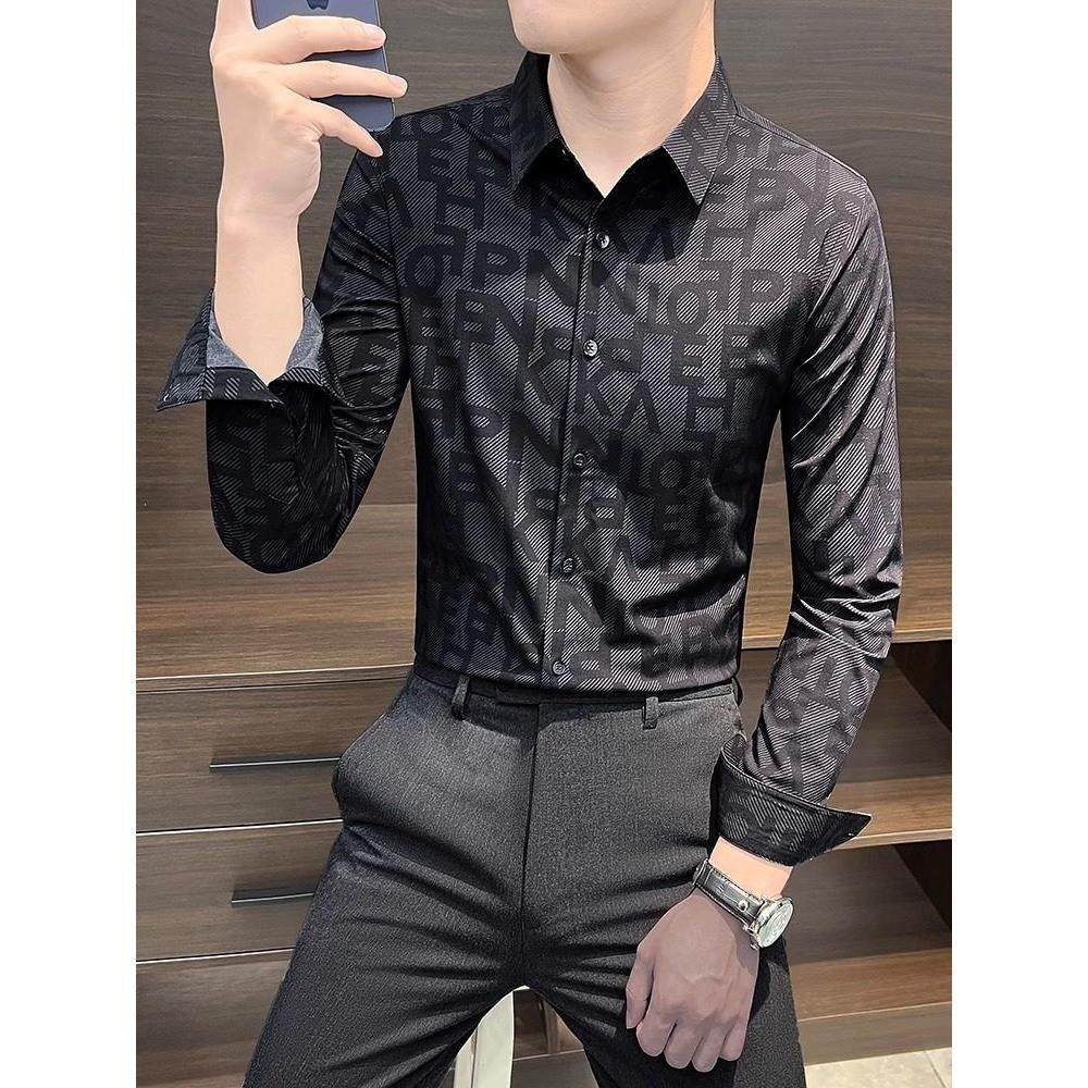 LL男装衬衫男长袖高级感痞帅潮牌休闲设计感小众印花上衣潮流字母