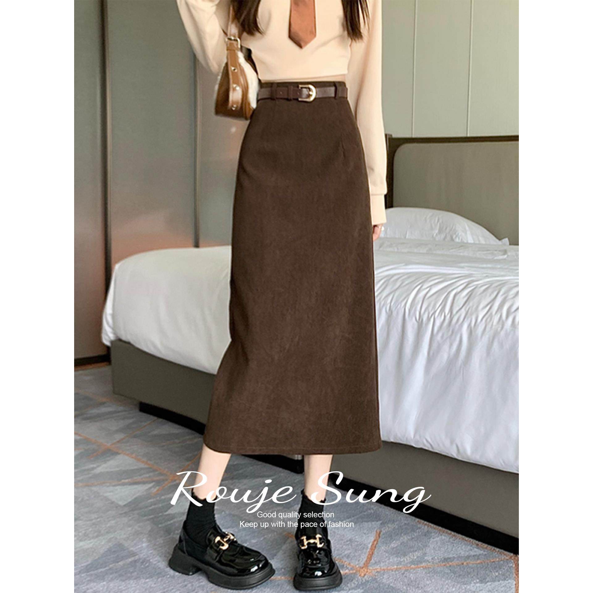 ROUJE SUNG咖啡色灯芯绒半身裙女秋季小个子高腰开叉包臀中长裙子