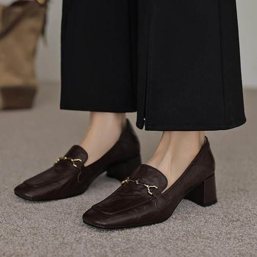 意大利~Raraente ~!小皮鞋乐福鞋覆古棕色方头中跟单鞋通勤高跟鞋