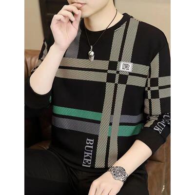 高端条纹长袖t恤男春秋季新款印花宽松圆领加绒加厚男士纯棉卫衣