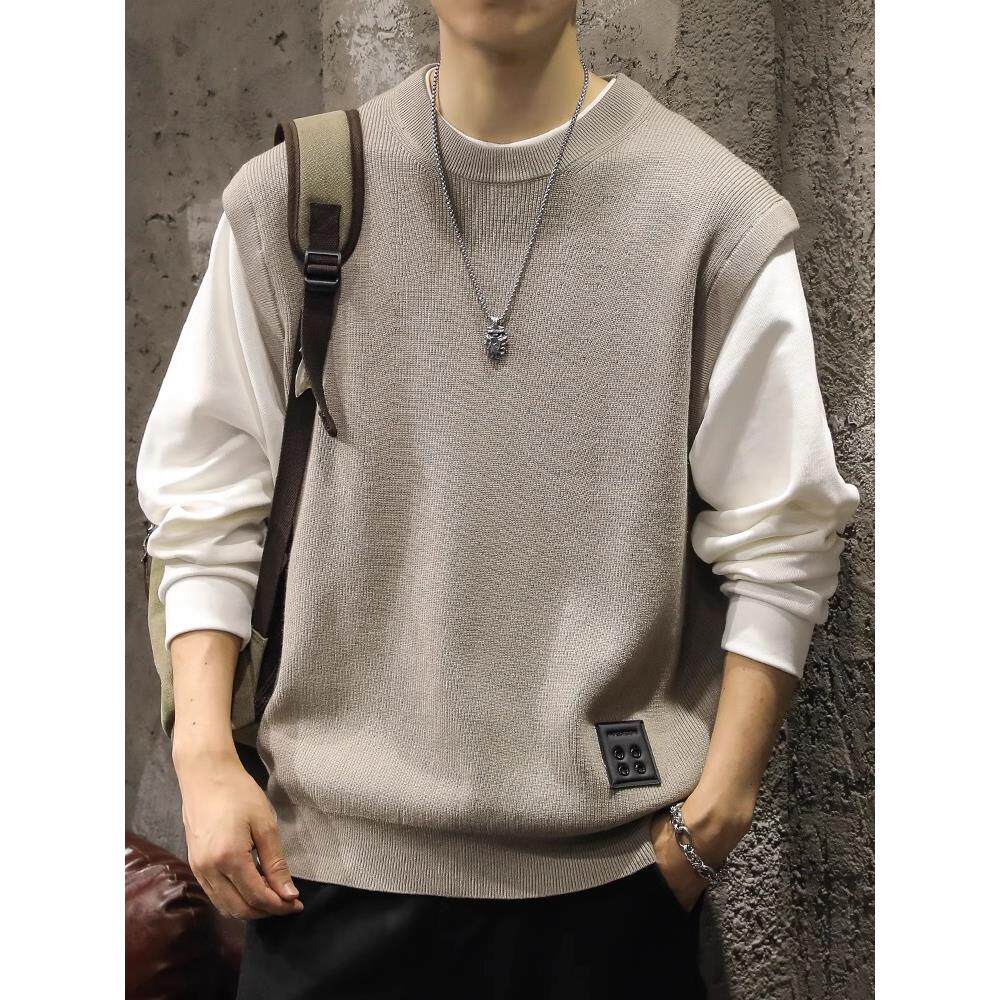 it Afternnaths潮牌假两件慵懒风针织衫毛衣男秋冬外套圆领打底衫