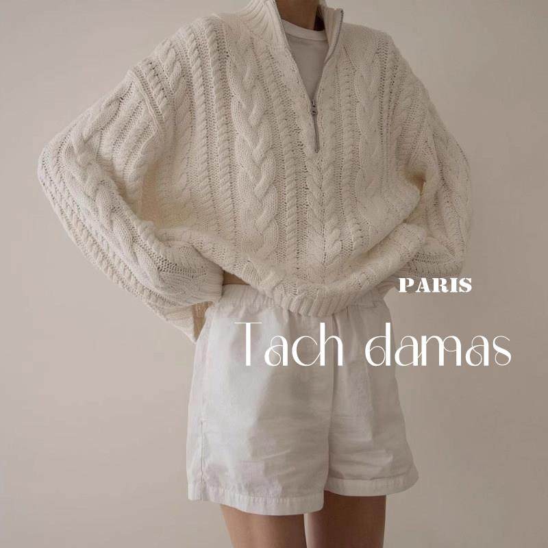 tach damas法式白色麻花领口拉链毛衣女秋冬季宽松百搭针织上衣,女装/女士精品,常规大码外套,淘宝优惠券,粉丝福利购,淘宝优惠卷