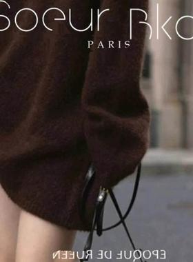 法国SOEUR BKAC法式秋冬复古咖色中长款针织衫宽松软糯毛衣上衣女