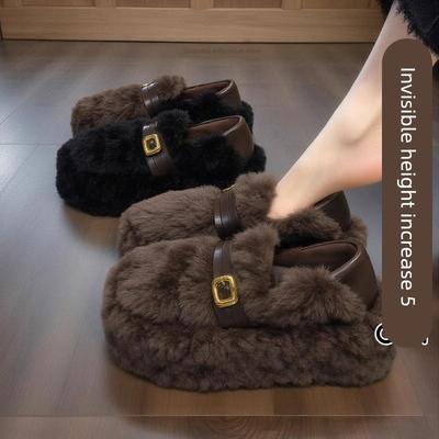 香港厚底毛毛拖鞋女外穿2025新款秋冬季增高兔毛加绒保暖居家棉鞋