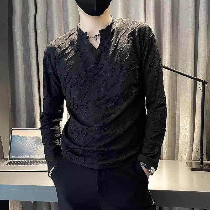 LL男装t恤男打底衫长袖潮牌2024新款时尚高级感内搭个性提花小v领