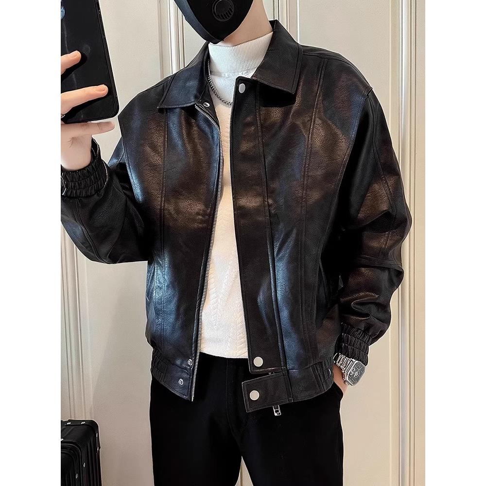 趋势Setter !时尚品牌很帅！摩托车正品皮夹克男士春秋美式覆古皮