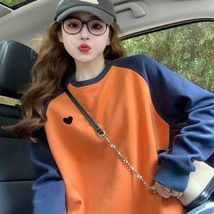 IT UNDER GARDEN 橙色拼接纯棉套头卫衣女秋季复古撞色宽松插肩袖